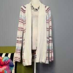 Lands End Striped Cotton Cardigan Sweater White Blue Pink